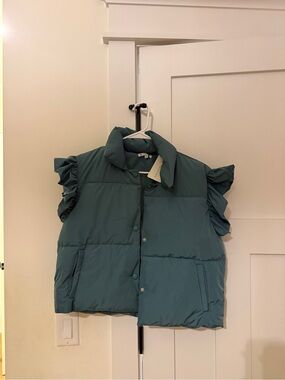 Teal Puffer Vest with Ruffle Sleeves